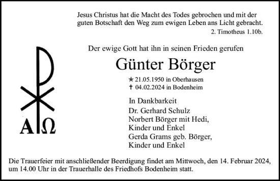 Traueranzeige von Günter Börger von Allgemeine Zeitung Mainz