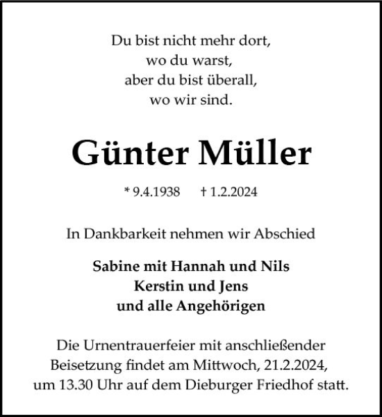 Traueranzeige von Günter Müller von Dieburger Anzeiger/Groß-Zimmerner Lokal-Anzeiger
