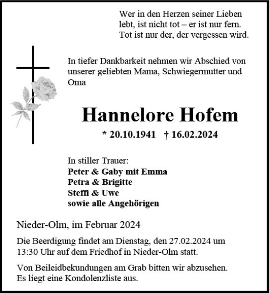 Traueranzeige von Hannelore Hofem von Allgemeine Zeitung Mainz