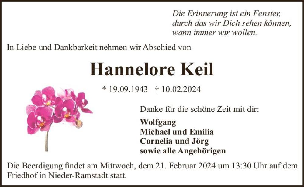  Traueranzeige für Hannelore Keil vom 17.02.2024 aus Darmstädter Echo