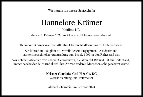 Traueranzeige von Hannelore Krämer von Bergsträßer Anzeiger