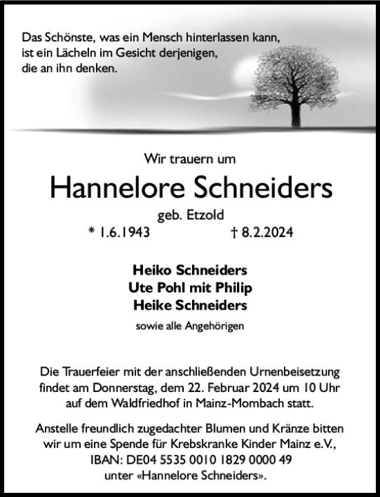 Traueranzeige von Hannelore Schneiders von Allgemeine Zeitung Mainz