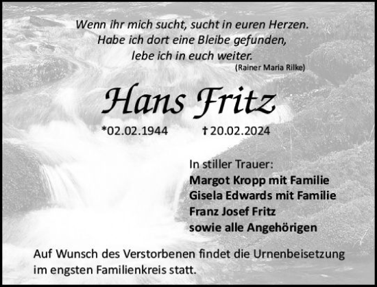 Traueranzeige von Hans Fritz von Allgemeine Zeitung Mainz