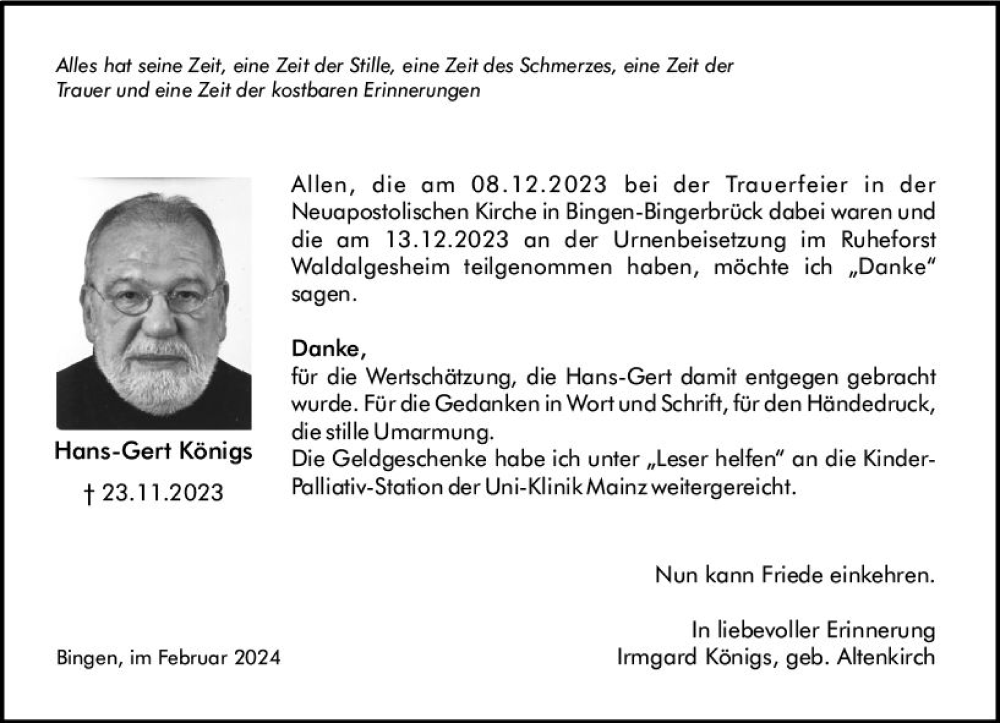  Traueranzeige für Hans-Gert Königs vom 17.02.2024 aus Allgemeine Zeitung Bingen/Ingelheim