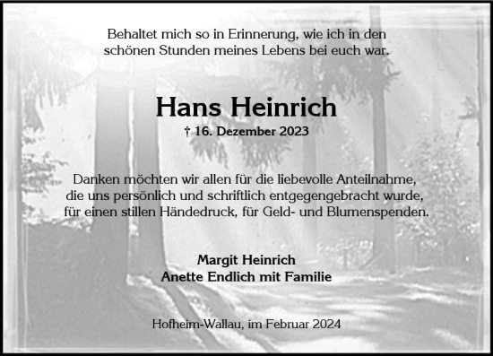 Traueranzeige von Hans Heinrich von Wiesbadener Kurier