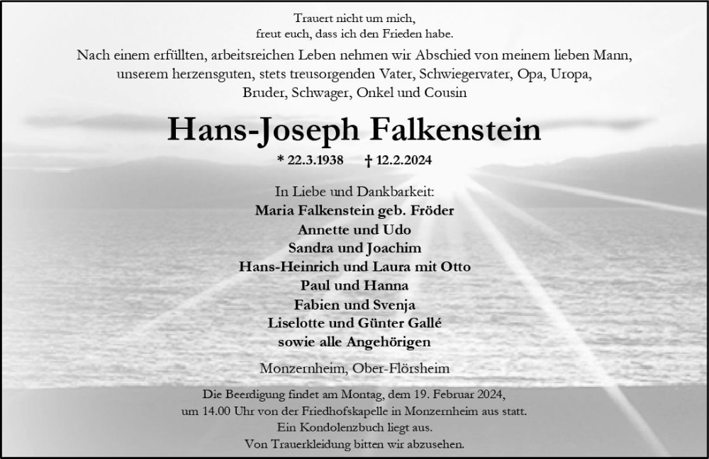  Traueranzeige für Hans-Joseph Falkenstein vom 16.02.2024 aus Wormser Zeitung