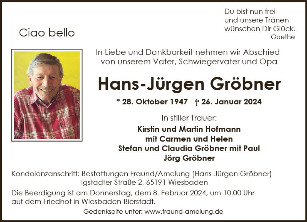  Traueranzeige für Hans-Jürgen Gröbner vom 03.02.2024 aus Wiesbadener Kurier
