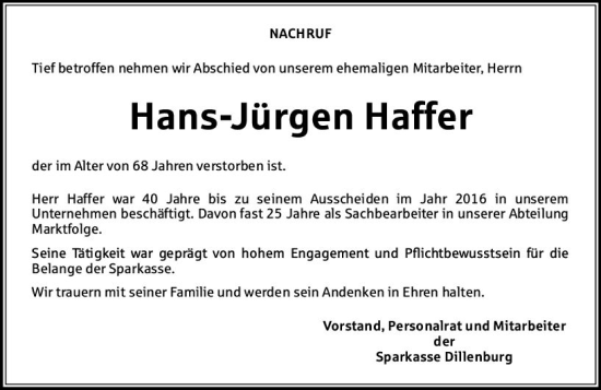 Traueranzeige von Hans-Jürgen Haffer von Dill Block