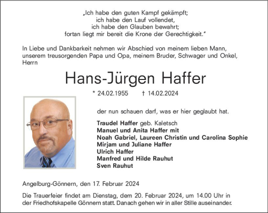 Traueranzeige von Hans-Jürgen Haffer von Hinterländer Anzeiger