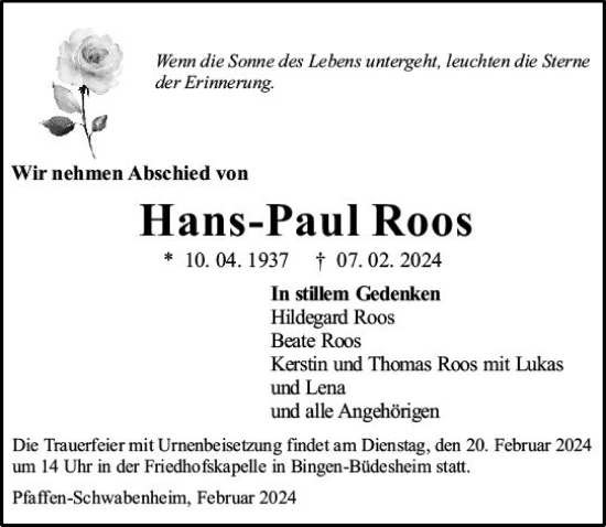 Traueranzeige von Hans-Paul Roos von Allgemeine Zeitung Bingen/Ingelheim