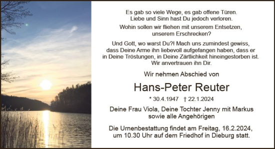 Traueranzeige von Hans-Peter Reuter von Dieburger Anzeiger/Groß-Zimmerner Lokal-Anzeiger