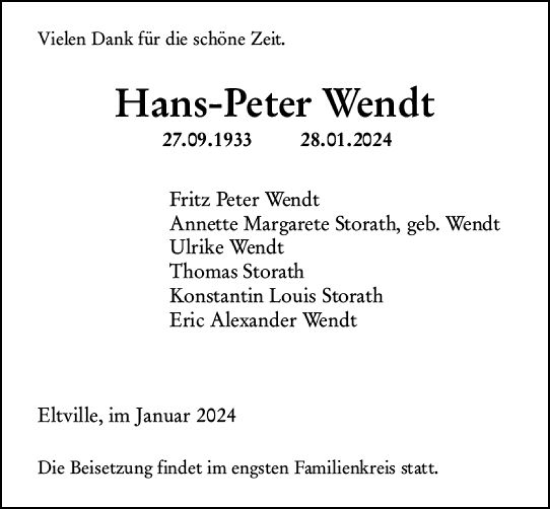 Traueranzeige von Hans-Peter Wendt von Rheingau Kurier