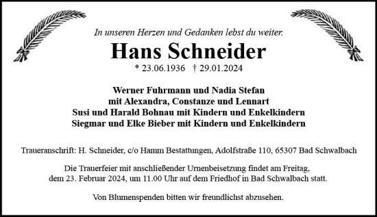 Traueranzeige von Hans Schneider von Idsteiner Land/Untertaunus