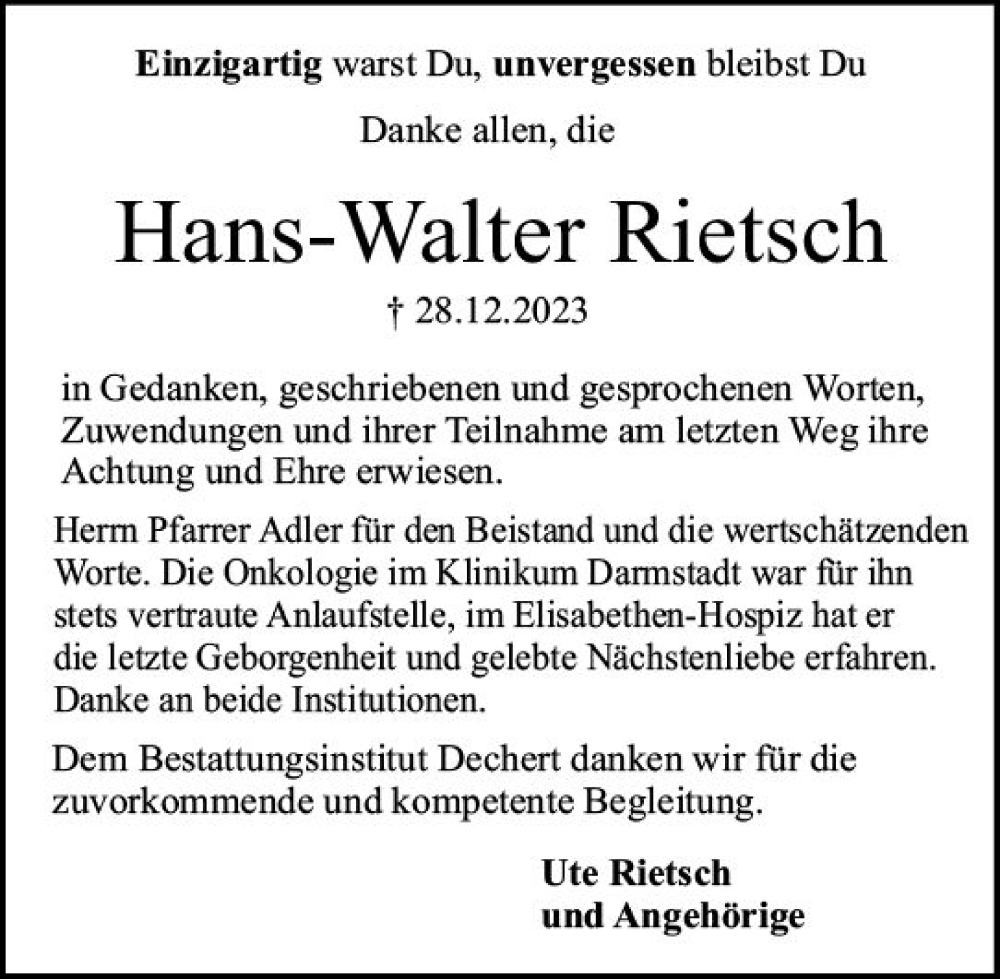 Traueranzeige für Hans-Walter Rietsch vom 03.02.2024 aus Darmstädter Echo