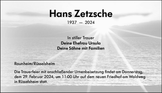 Traueranzeige von Hans Zetzsche von Rüsselsheimer Echo