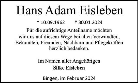 Traueranzeige von Hans Adam Eisleben von Allgemeine Zeitung Bingen/Ingelheim