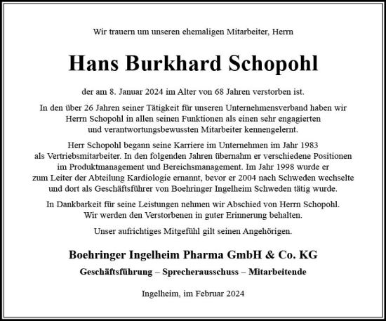 Traueranzeige von Hans Burkhard Schopohl von Allgemeine Zeitung Bingen/Ingelheim