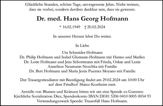 Traueranzeige von Hans Georg Hofmann von Nassauische Neue Presse