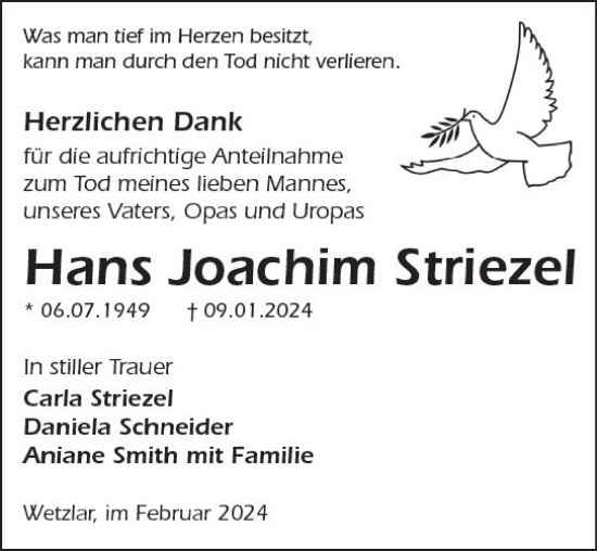 Traueranzeige von Hans Joachim Striezel von Wetzlarer Neue Zeitung