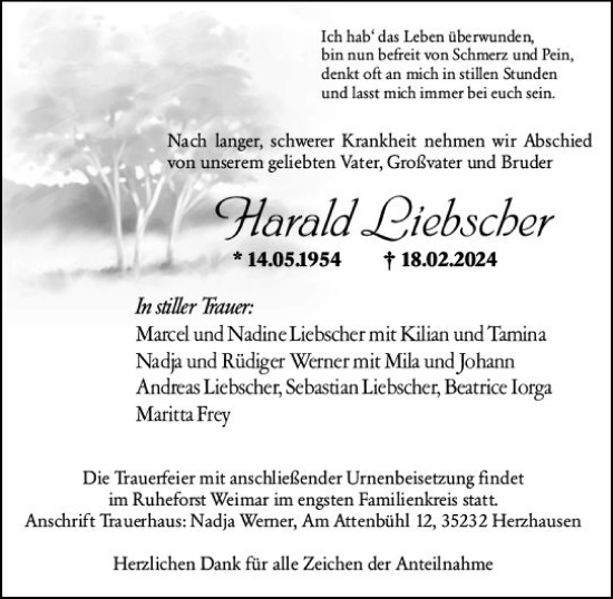 Traueranzeige von Harald Liebscher von Hinterländer Anzeiger