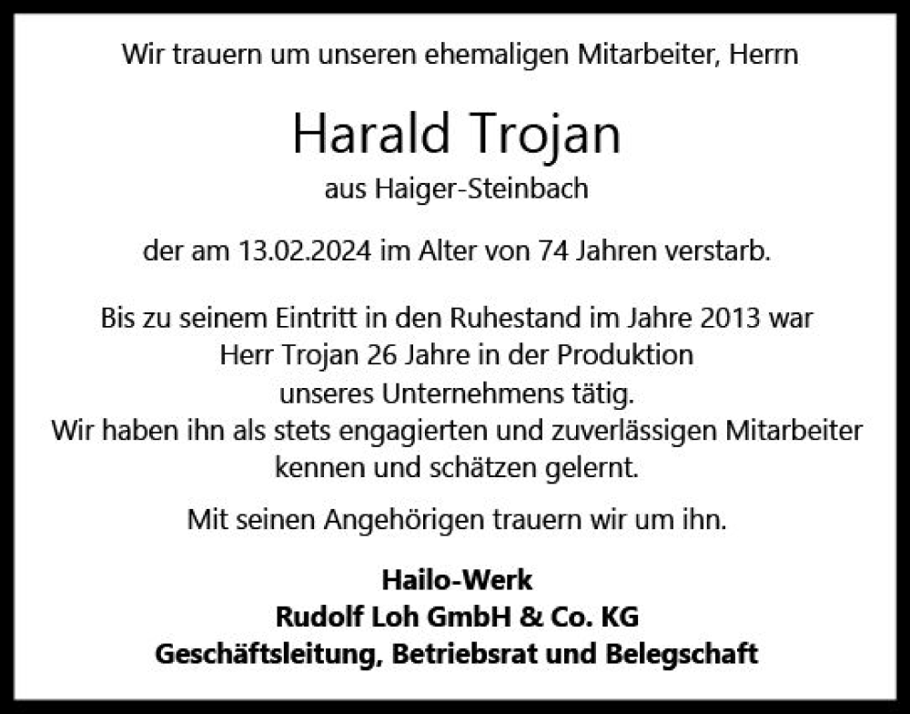  Traueranzeige für Harald Trojan vom 29.02.2024 aus Dill Block