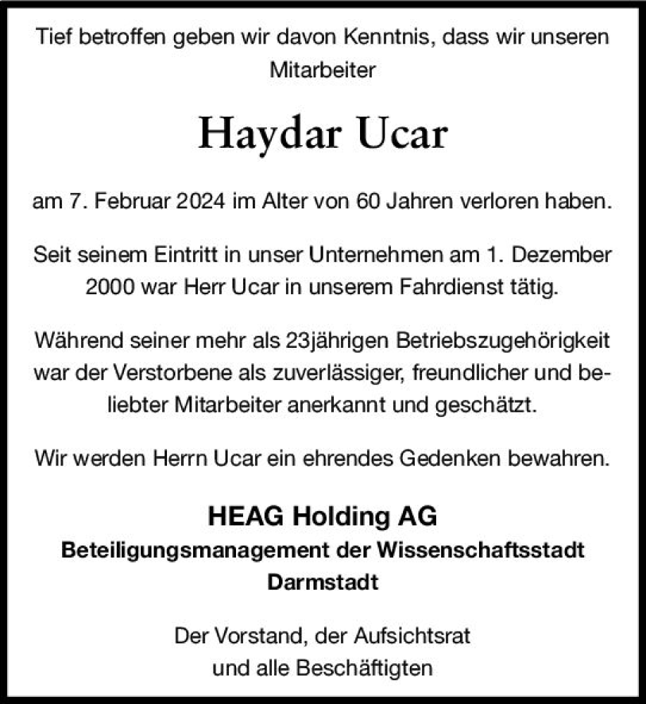  Traueranzeige für Haydar Ucar vom 23.02.2024 aus Darmstädter Echo
