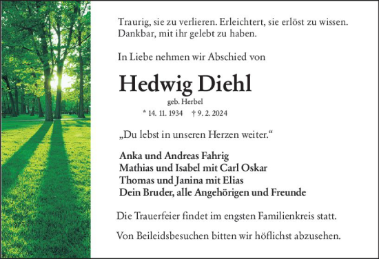 Traueranzeige von Hedwig Diehl von Wetzlarer Neue Zeitung