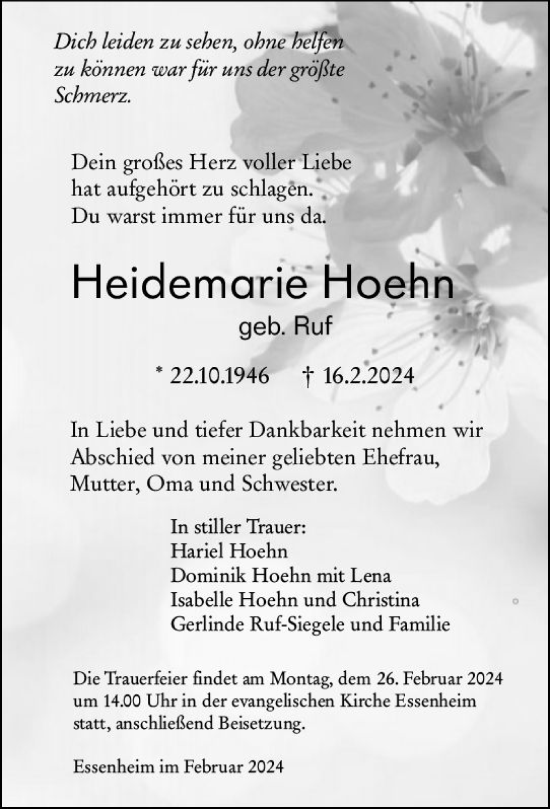 Traueranzeige von Heidemarie Hoehn von Allgemeine Zeitung Mainz