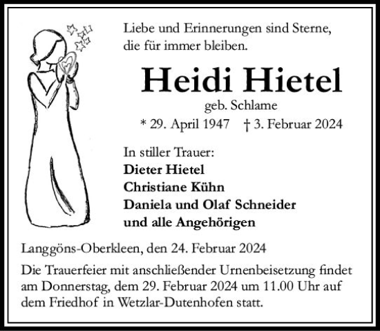 Traueranzeige von Heidi Hietel von Wetzlarer Neue Zeitung