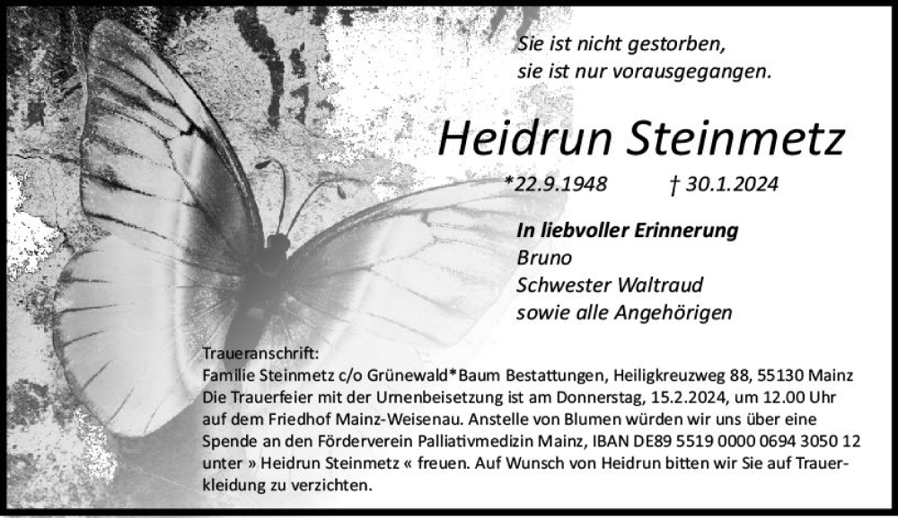  Traueranzeige für Heidrun Steinmetz vom 10.02.2024 aus Allgemeine Zeitung Mainz