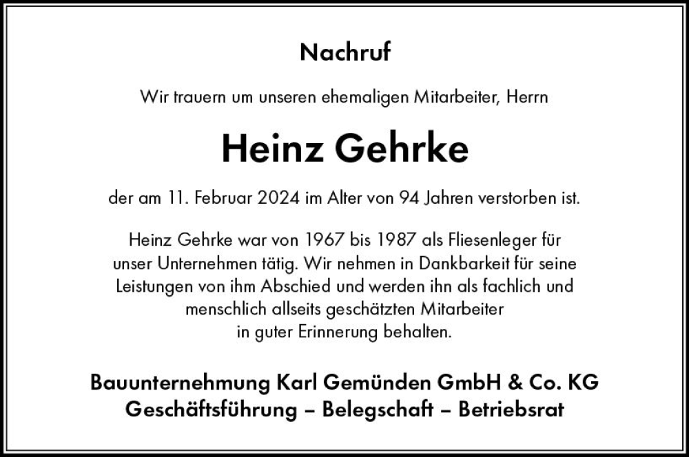  Traueranzeige für Heinz Gehrke vom 17.02.2024 aus Allgemeine Zeitung Bingen/Ingelheim