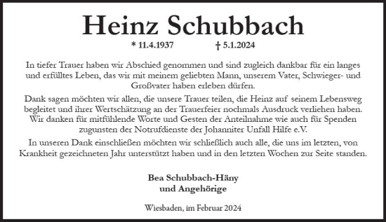 Traueranzeige von Heinz Schubbach von Wiesbadener Kurier