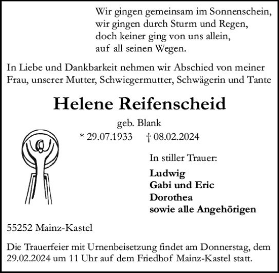 Traueranzeige von Helene Reifenscheid von Allgemeine Zeitung Mainz