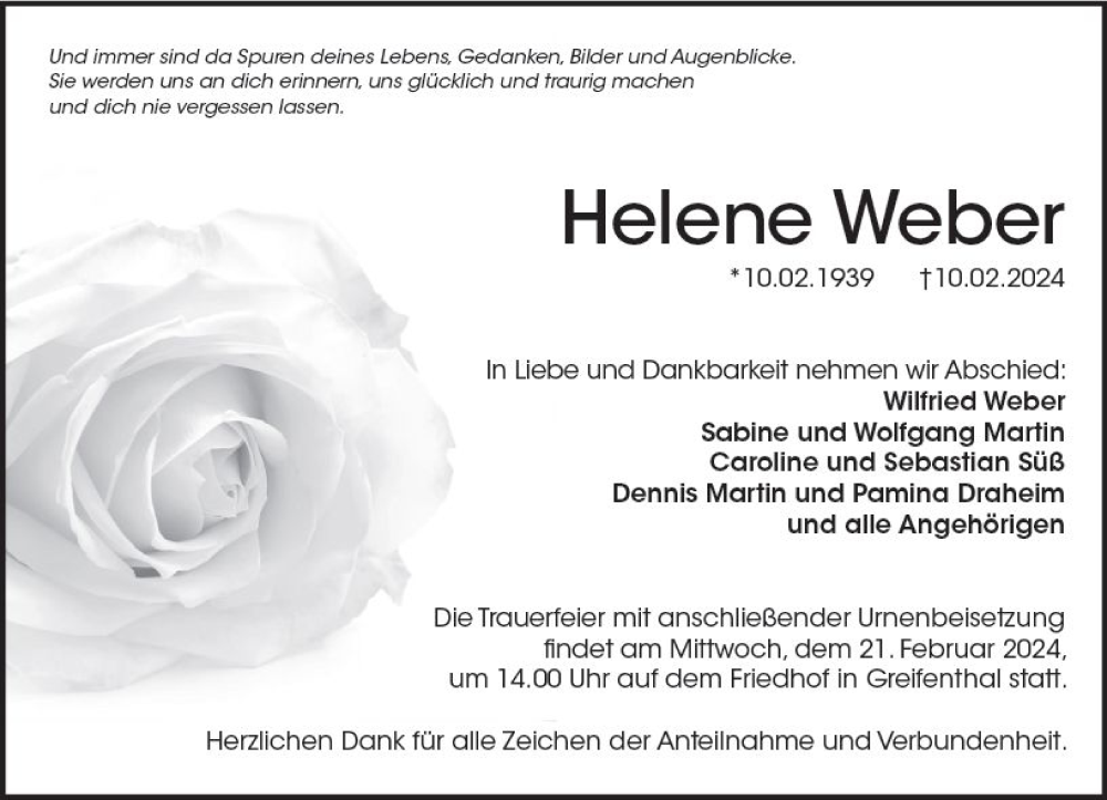  Traueranzeige für Helene Weber vom 17.02.2024 aus Wetzlarer Neue Zeitung