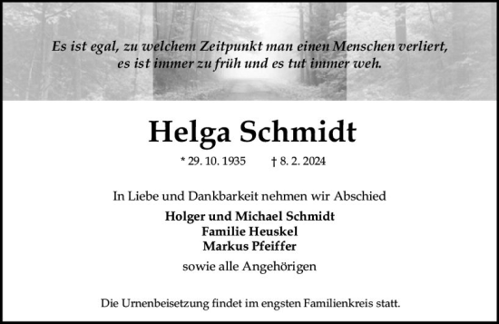 Traueranzeige von Helga Schmidt von Allgemeine Zeitung Mainz