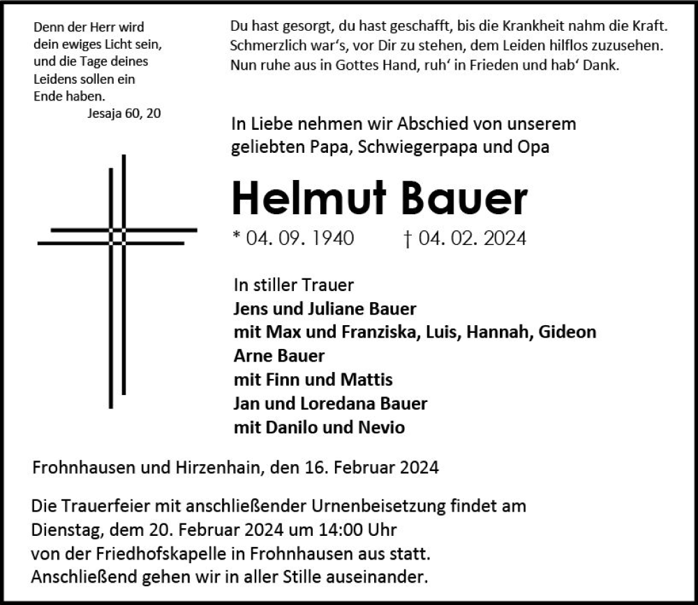  Traueranzeige für Helmut Bauer vom 16.02.2024 aus Dill Block