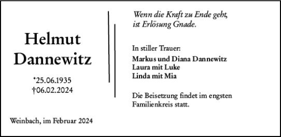 Traueranzeige von Helmut Dannewitz von Weilburger Tageblatt