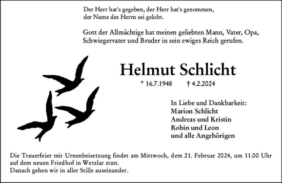 Traueranzeige von Helmut Schlicht von Wetzlarer Neue Zeitung