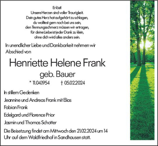 Traueranzeige von Henriette Helene Frank von Allgemeine Zeitung Alzey