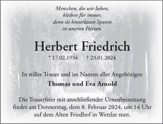 Traueranzeige von Herbert Friedrich von Wetzlarer Neue Zeitung