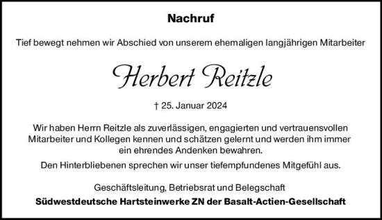 Traueranzeige von Herbert Reitzle von Allgemeine Zeitung Alzey