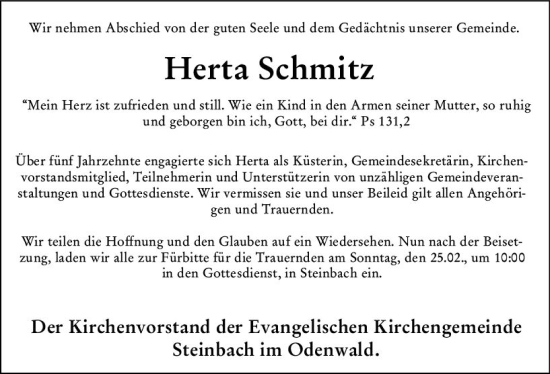 Traueranzeige von Herta Schmitz von Odenwälder Echo
