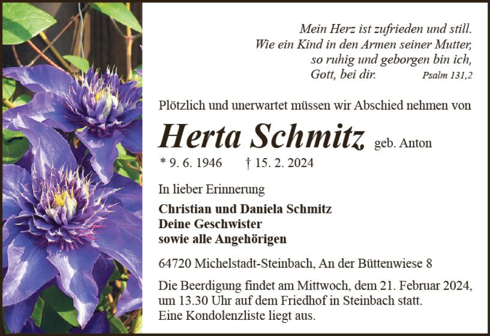  Traueranzeige für Herta Schmitz vom 17.02.2024 aus Odenwälder Echo