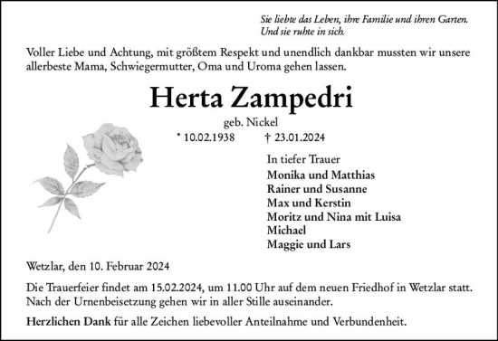 Traueranzeige von Herta Zampedri von Wetzlarer Neue Zeitung
