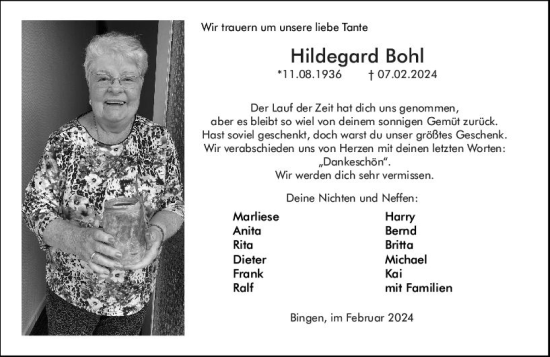 Traueranzeige von Hildegard Bohl von Allgemeine Zeitung Bingen/Ingelheim