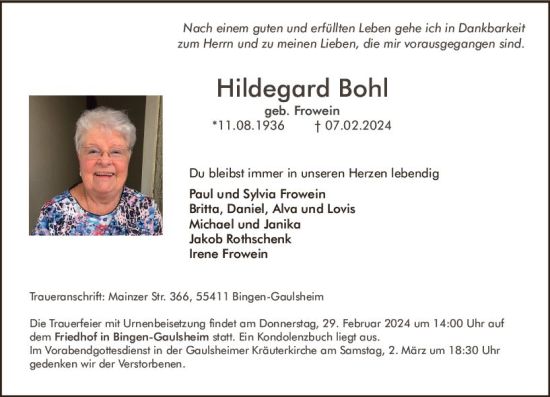 Traueranzeige von Hildegard Bohl von Binger-/Ingelheimer Wochenblatt
