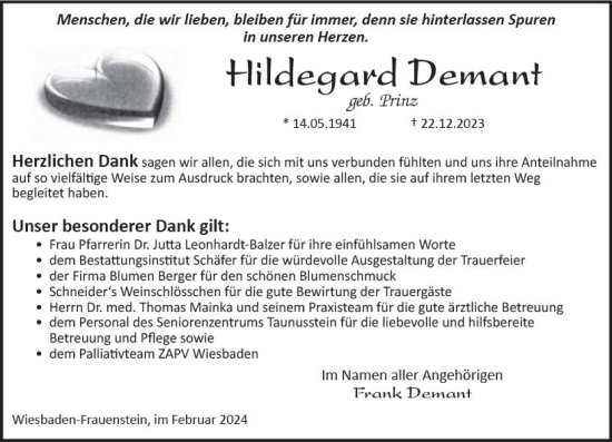 Traueranzeige von Hildegard Demant von Wiesbadener Kurier
