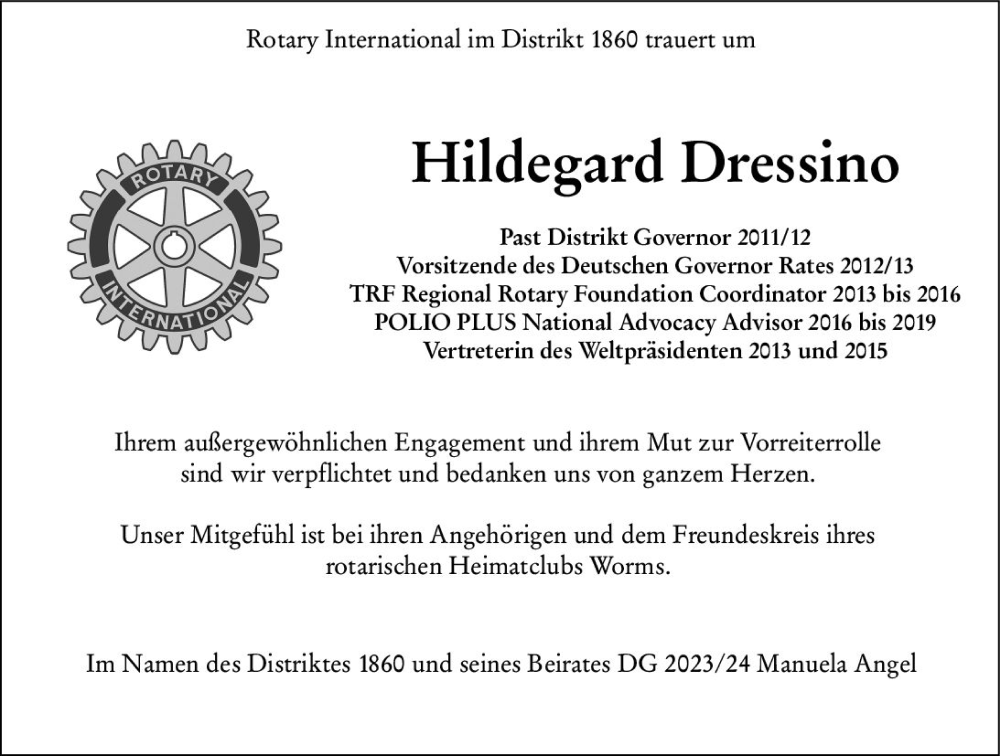  Traueranzeige für Hildegard Dressino vom 17.02.2024 aus Wormser Zeitung