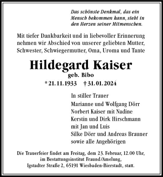 Traueranzeige von Hildegard Kaiser von Wiesbadener Kurier