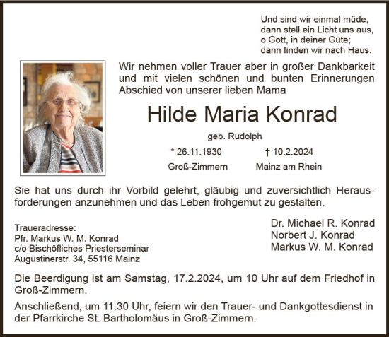 Traueranzeige von Hilde Maria Konrad von Dieburger Anzeiger/Groß-Zimmerner Lokal-Anzeiger